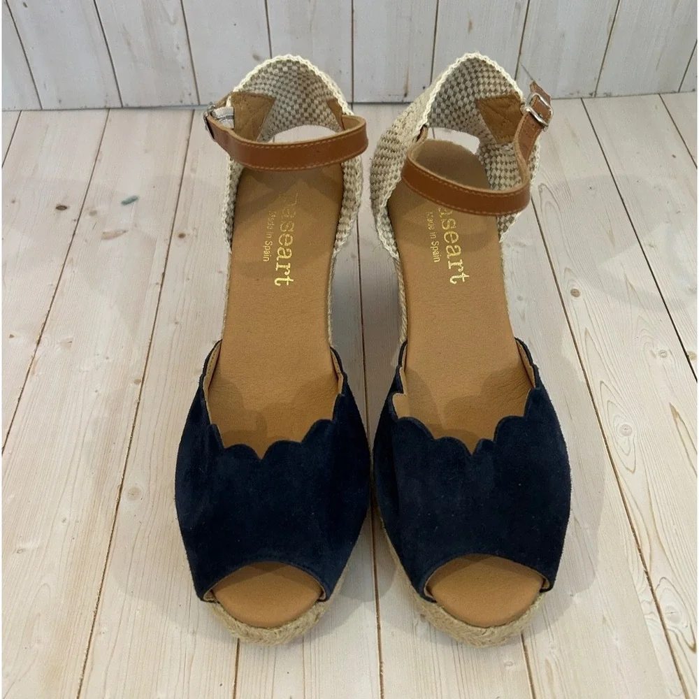 Paseart Blue Leather Suede Espadrille Wedge Sandals Womens Size 39 Slingback